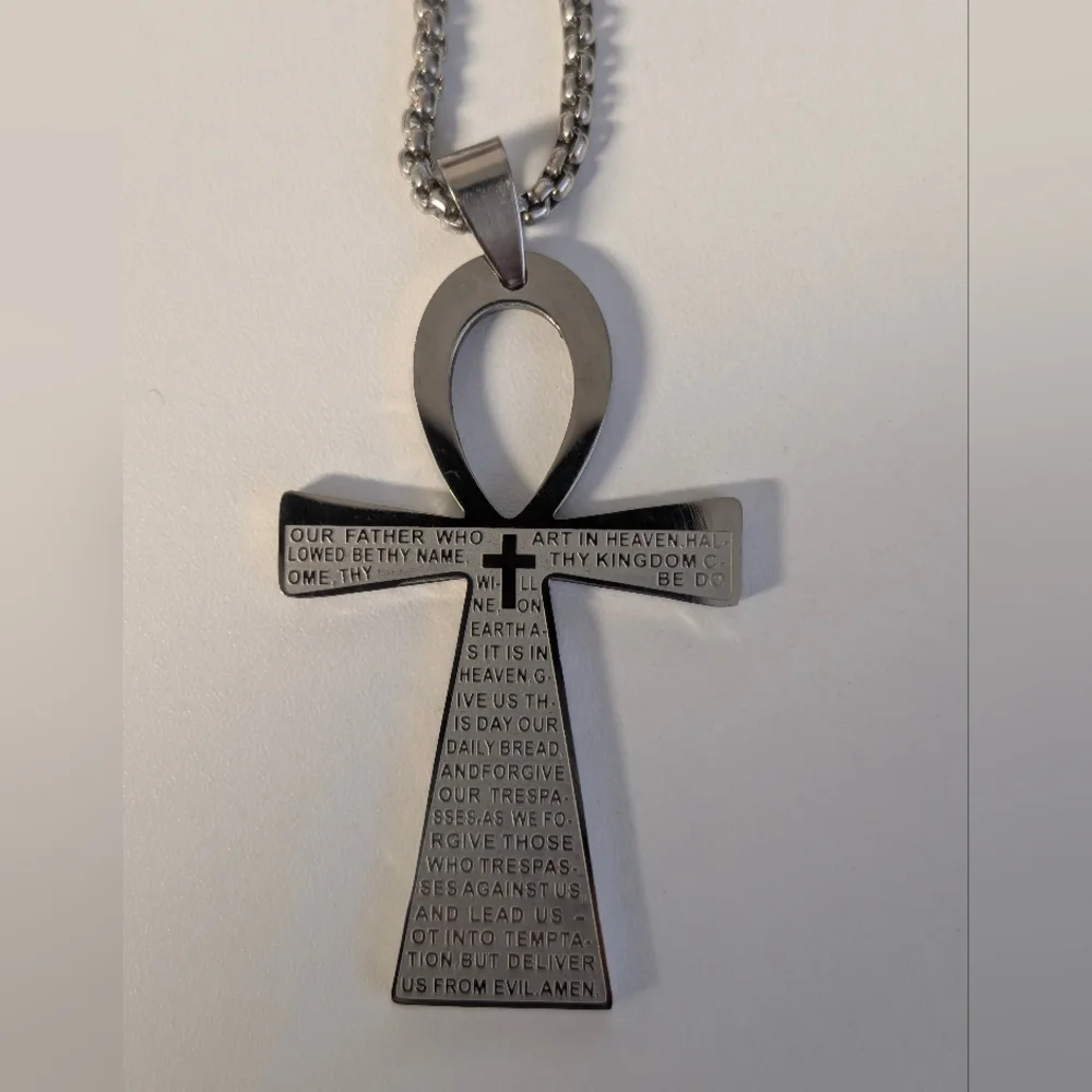 Engraved Ankh Cross Pendant in Silver-Tone